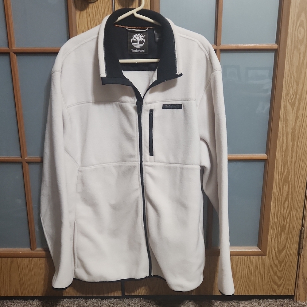 Timberland Mens XL Cream Fleece Zip Up Jacket with Black Trim